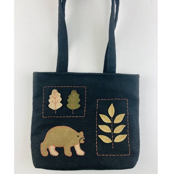 RARE LINEA PELLE BLACK FELT SHOULDER HAND BAG BEAR MOUNTAIN LEAF EMBROIDERED - Picture 1 of 11